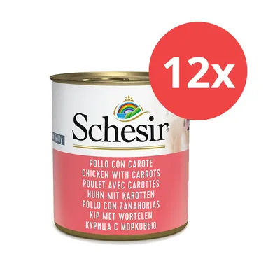 Schesir Huhn mit Karotten in Jelly, 12x Dose. Mehrsprachige Beschriftung: Pollo con Carote, Chicken with Carrots, Poulet avec Carottes, Kip met Wortelen, Курица с морковью.