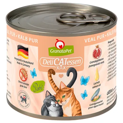 GranataPet DeliCATessen Vitello puro. Prodotto in Germania, senza cereali, senza test sugli animali. Ingredienti: semi di melograno, olio di salmone, cozza verde. Paté per gatti.