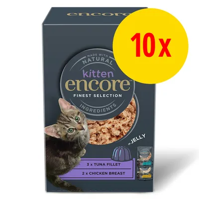 Encore Kitten Finest Selection, 10x. Tekst: made with natural ingredients, 3 x tuna fillet, 2 x chicken breast, in jelly. Billede af killing og foder på emballagen.