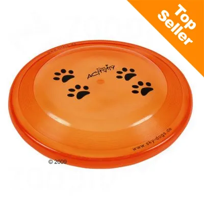 Orange frisbee med fire sorte poteaftryk, teksten 'Dog Activity' og webadressen www.sky-dogs.de. Øverst hjørne: Top Seller.