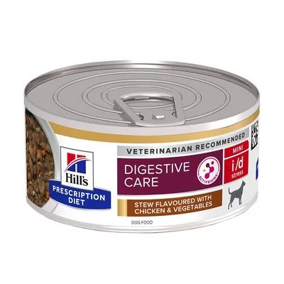 Hill's Prescription Diet Digestive Care MINI i/d stress, ActivBiome+, stew flavoured with chicken & vegetables, cibo umido per cani. Testo in inglese sull'etichetta.
