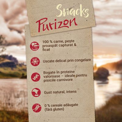 Snacks Purizon. 100 % carne, pește proaspăt capturat & ficat. Uscate delicat prin congelare. Bogate în proteine valoroase – ideale pentru pisicile carnivore. Gust natural, intens. 0 % cereale adăugate (fără gluten).