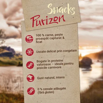 Snacks Purizon. 100 % carne, pește proaspăt capturat & ficat. Uscate delicat prin congelare. Bogate în proteine valoroase – ideale pentru pisicile carnivore. Gust natural, intens. 0 % cereale adăugate (fără gluten).