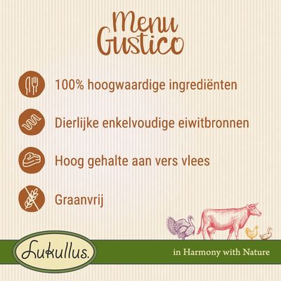 Menu Gustico: 100% hoogwaardige ingrediënten, dierlijke enkelvoudige eiwitbronnen, hoog gehalte aan vers vlees, graanvrij. Lukullus in Harmony with Nature.