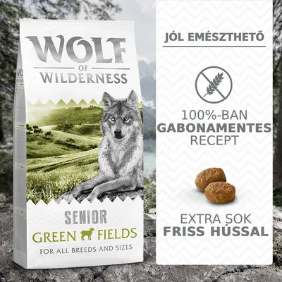 Wolf of Wilderness Senior Green Fields kutyatáp csomag, feliratok: Jól emészthető, 100%-ban gabonamentes recept, extra sok friss hússal. Két tápfalat látható. Wolf of Wilderness Senior Green Fields kutyatáp csomag, feliratok: Jól emészthető, 100%-ban gabonamentes recept, extra sok friss hússal. Két tápfalat látható.