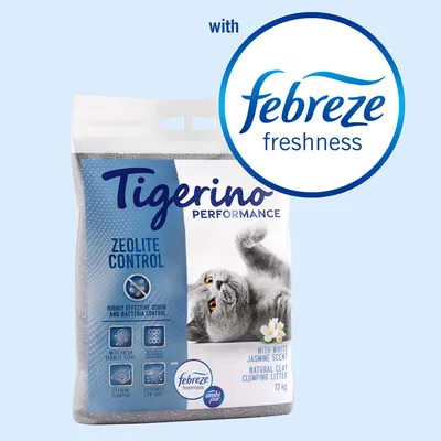 Tigerino Performance Zeolite Control natural clay clumping litter, 12kg, with Febreze freshness and white jasmine scent. Features include odour control, extreme clumping, low dust.
