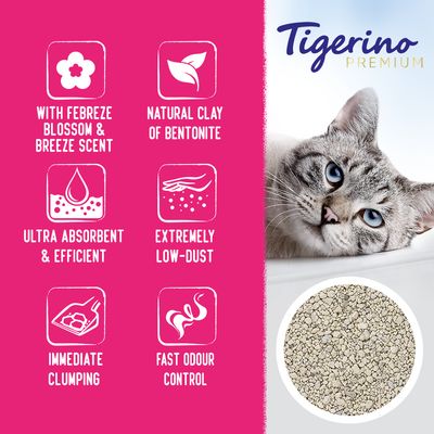 Tigerino Premium. Texto en inglés: with Febreze blossom & breeze scent, natural clay of bentonite, ultra absorbent & efficient, extremely low-dust, immediate clumping, fast odour control.