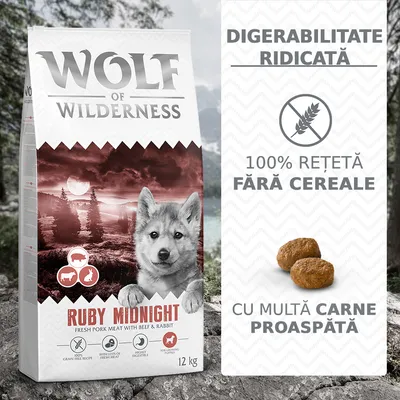 Wolf of Wilderness Ruby Midnight, 12 kg. Digestibilitate ridicată, 100% rețetă fără cereale, cu multă carne proaspătă. Imaginea prezintă crochete și pictograme ingrediente: porc, vită, iepure.