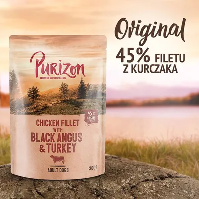 Purizon Chicken Fillet with Black Angus & Turkey, 45% filetu z kurczaka, dla dorosłych psów, opakowanie 300 g. Widoczny napis: Original 45% filetu z kurczaka. Purizon Chicken Fillet with Black Angus & Turkey, 45% filetu z kurczaka, dla dorosłych psów, opakowanie 300 g. Widoczny napis: Original 45% filetu z kurczaka.