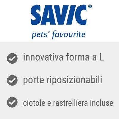 SAVIC pets' favourite. innovativa forma a L, porte riposizionabili, ciotole e rastrelliera incluse.
