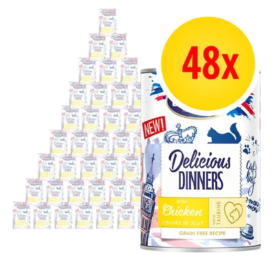 Confezione da 48 lattine Delicious Dinners with Chicken chunks in jelly with taurine, ricetta senza cereali. Testo visibile: NEW!, Delicious Dinners, with Chicken, chunks in jelly, with taurine.