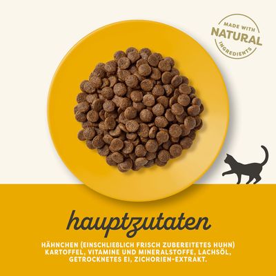 Hauptzutaten: Hähnchen (einschliesslich frisch zubereitetes Huhn), Kartoffel, Vitamine und Mineralstoffe, Lachsöl, getrocknetes Ei, Zichorien-Extrakt. Made with natural ingredients.