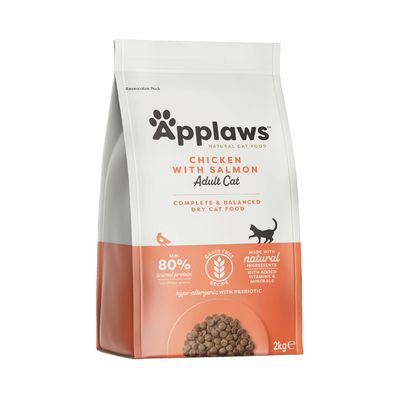 Applaws Kana ja Lohi Aikuisille Kissoille, vähintään 80 % eläinproteiinia, viljaton, luonnolliset ainesosat, hypoallergeeninen prebiooteilla, 2 kg kuivaruoka.