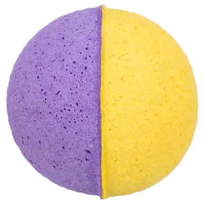 Spielball aus Schwamm-Material, halb violett und halb gelb, geeignet für interaktives Spielen.