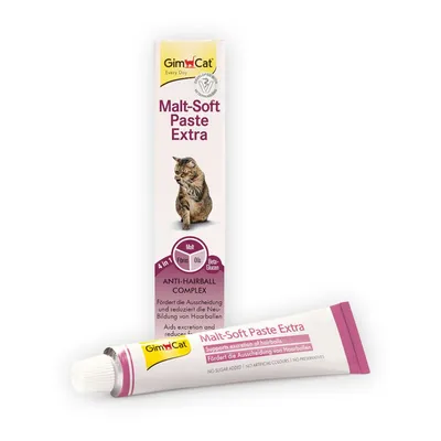 GimCat Malt-Soft Paste Extra -pakkaus ja tuubi. Teksti: Anti-Hairball Complex, 4 in 1: Malt, Fibres, Oils, Beta-Glucan. Ei lisättyä sokeria, ei keinotekoisia värejä tai säilöntäaineita.