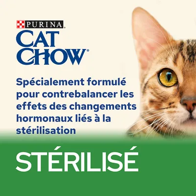 Purina Cat Chow. Spécialement formulé pour contrebalancer les effets des changements hormonaux liés à la stérilisation. STÉRILISÉ.