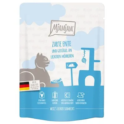 Mjamjam Zarte Ente und Geflügel an leckeren Möhrchen, verpakking met katillustratie, Duitse vlag en pictogrammen voor vleesgehalte, graanvrij, voedingsstoffen en taurine. Tekst deels in Duits.