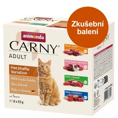 animonda Carny Adult Herzhafte Variation, zkušební balení, 8×85g, Rind+Huhn, Rind,Pute+Shrimps, Rind+Strauß, Rind+Perlhuhn, 100% frische Zutaten, Ohne Getreide, Made in Germany