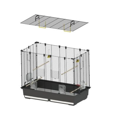 Diagram showing a wire cage with removable top, two perches, and four clear feeders attached to the sides. The image illustrates assembly or key features of the cage.