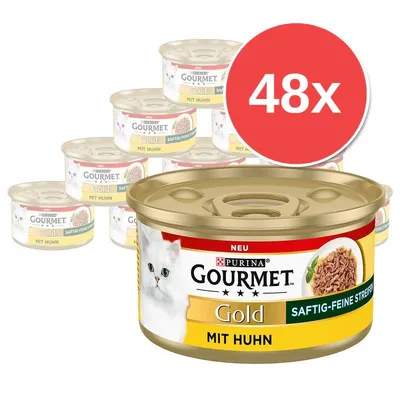 48x Purina Gourmet Gold Saftig-Feine Streifen mit Huhn, konzervy s kuřecím masem, na obalu bílá kočka a obrázek masa. Text: NEU, MIT HUHN. 48x Purina Gourmet Gold Saftig-Feine Streifen mit Huhn, konzervy s kuřecím masem, na obalu bílá kočka a obrázek masa. Text: NEU, MIT HUHN.