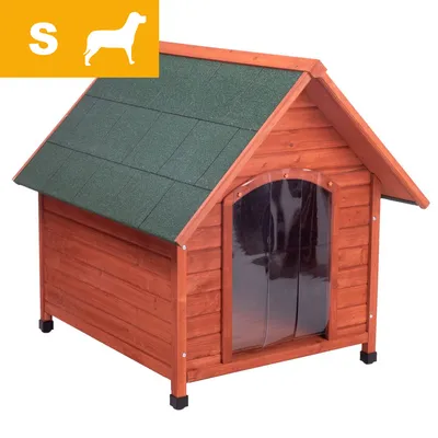 Wooden outdoor pet house with green roof, plastic flap door and raised feet. Yellow label in corner shows size S with animal silhouette. Wooden outdoor pet house with green roof, plastic flap door and raised feet. Yellow label in corner shows size S with animal silhouette.