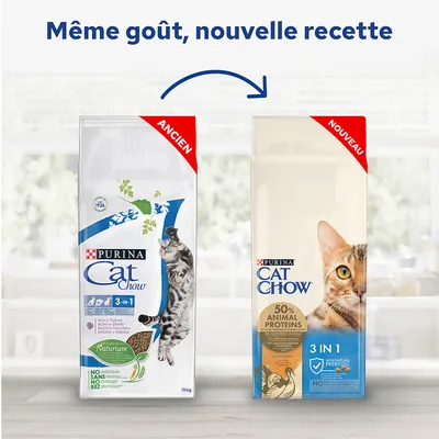Comparaison des anciens et nouveaux emballages Purina Cat Chow 3 IN 1 pour chats, avec texte « Même goût, nouvelle recette », étiquettes ANCIEN et NOUVEAU visibles sur chaque paquet.