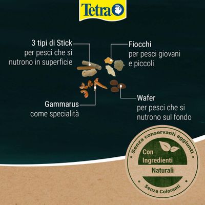 Tetra. 3 tipi di stick, Gammarus, fiocchi e wafer per diverse specie di pesci. Sigillo: senza aggiunta di conservanti, con componenti naturali, senza coloranti.