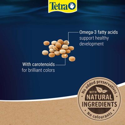 Tetra. Omega-3 fatty acids support healthy development. With carotenoids for brilliant colors. With natural ingredients, no added preservatives, no colourants. Tekst w języku angielskim.