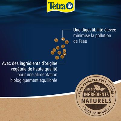 Tetra. Haute digestibilité pour minimiser la pollution de l’eau. Avec des ingrédients végétaux de qualité pour une alimentation équilibrée. Sans additifs, avec des ingrédients naturels, sans colorants.