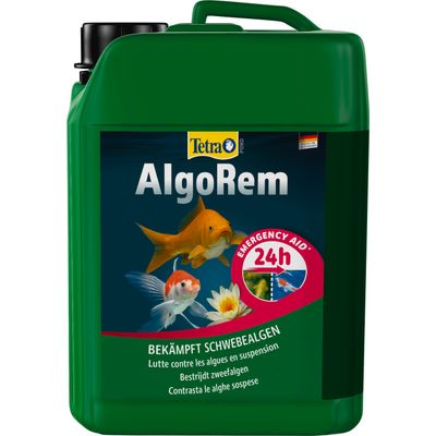 Tetra Pond AlgoRem, combatte le alghe in sospensione. Pronto intervento 24h. Made in Germany. Descrizione multilingue per il controllo delle alghe nello stagno.