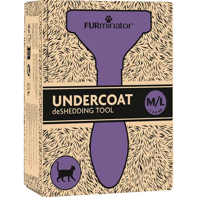 FURminator Undercoat deShedding Tool M/L за котки над 4,5 кг. Опаковка с лилаво изображение на инструмента и шарка на козина.