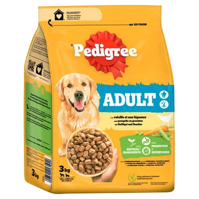 Pedigree Adult torrfoder med fjäderfä och grönsaker, 3 kg. Med naturliga ingredienser, prebiotika och superfoods. Zip Fresh-förpackning för fräschhet.