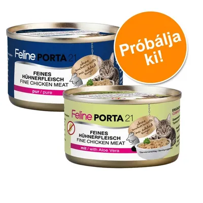 Feline Porta 21 macskaeledel konzerv, fehér csirkehús, pur/pure és aloe verával változatok. Felirat: Próbálja ki! Látható: ohne zuckerzusatz, no added sugar. Feline Porta 21 macskaeledel konzerv, fehér csirkehús, pur/pure és aloe verával változatok. Felirat: Próbálja ki! Látható: ohne zuckerzusatz, no added sugar.