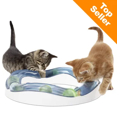 Two kittens playing with a circular interactive track toy featuring green balls, with an orange 'Top Seller' label in the corner.