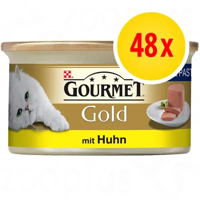 Scatoletta Gourmet Gold mit Huhn per gatti, confezione da 48 pezzi. Immagine di paté su piatto e gatto bianco sul fronte della confezione.