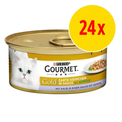 Purina Gourmet Gold kissan märkäruoka, vasikkaa ja vihanneksia kastikkeessa. Pakkaus sisältää 24 annosta. Saksankielinen tuotekuvaus näkyvissä etiketissä.