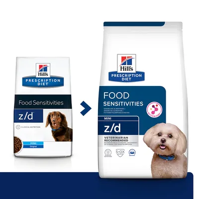 Hill's Prescription Diet z/d Mini Food Sensitivities hundfoder, bild på två förpackningar med synlig text: ACTIVBIOME+, VETERINARIAN RECOMMENDED, 5+OX NUTRITION.