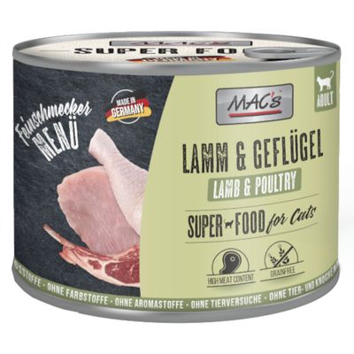 MAC's Bárány & Baromfi, Szuper Étel Macskáknak, Németországban készült, magas hústartalommal, gabonamentes, színezék nélkül, aromák nélkül, állatkísérletek nélkül, állati- és csontliszt nélkül.