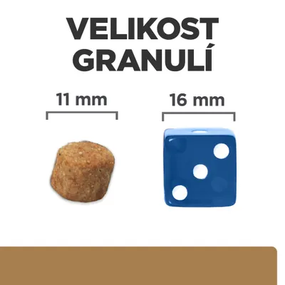Porovnanie veľkosti granule 11 mm a modrej kocky 16 mm, text: VELIKOST GRANULÍ. Granula vedľa kocky pre vizuálne porovnanie rozmerov.