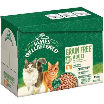 James Wellbeloved Grain Free Adult kattenvoer, kalkoen in saus, 12 x 85 g. Voor katten van 1–7 jaar. Tekst: healthy digestion, immune system, healthy skin & coat.