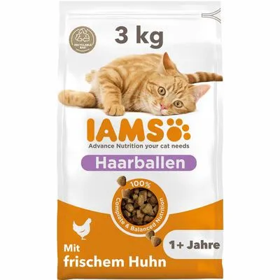 IAMS Haarballen kattenvoer, 3 kg. Tekst: Advance Nutrition your cat needs, 100% Complete & Balanced Nutrition, Mit frischem Huhn, 1+ Jahre. Afbeelding van oranje kat en brokjes.