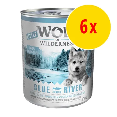 Wolf of Wilderness Little Blue River, 6x800g burkar. 100% grain-free. Kyckling & lax med skogsbär, rötter och vilda örter. Junior.