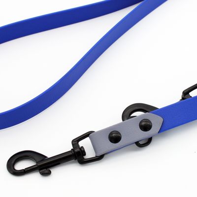 Blått hundkoppel med svart karbinhake och grått läderdetalj med två svarta nitar.