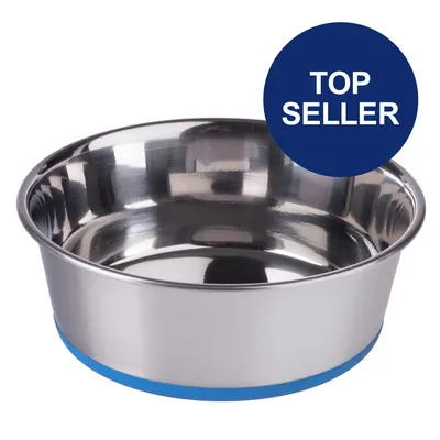 Edelstahlnapf mit rutschfestem blauen Boden, hervorgehoben als Top Seller. Edelstahlnapf mit rutschfestem blauen Boden, hervorgehoben als Top Seller.