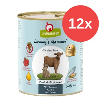 GranataPet Lieblings Mahlzeit für den Hund, Kalb & Kaninchen mit Zucchini, Kürbis und Leinöl, ohne Getreide, Granatapfelkerne, Hergestellt in Deutschland, 12x 800g Dose sichtbar.