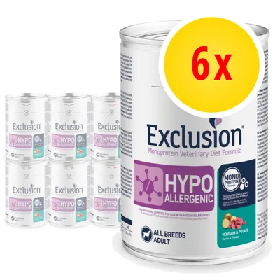 Confezione da 6 lattine Exclusion Hypoallergenic Monoprotein Veterinary Diet Formula, visibile testo: venison & potato, all breeds adult, mono protein, per cani adulti.