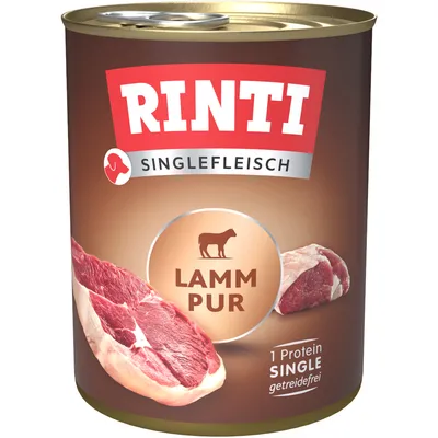 Rinti Singlefleisch Lamm Pur, bez obilovin, 1 protein. Vyobrazení čerstvého jehněčího masa na obalu.