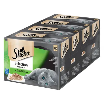 Опаковка Sheba Selection in Sauce, 12 x 85 г. Видими са изображения на котка и порция храна. Текст на опаковката: Feine Vielfalt, Sélection Terre & Mer.