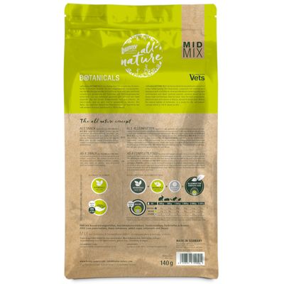 Опаковка bunny nature Botanicals MID MIX Vets, 140 г. Видими са таблица с препоръчителни количества и икони за хранене като снакс или пълноценна храна. Текст на английски и немски.