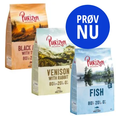 Tre poser Purizon hundefoder: Black Angus with Turkey, Venison with Rabbit, Fish. Tekst på blå cirkel: PRØV NU. 80 % 20 % 0 % synligt på alle poser. Tre poser Purizon hundefoder: Black Angus with Turkey, Venison with Rabbit, Fish. Tekst på blå cirkel: PRØV NU. 80 % 20 % 0 % synligt på alle poser.